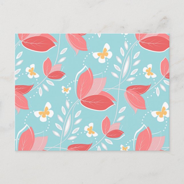Romantic Chic Coral Retro Floral Pattern Turquoise Postcard (Front)