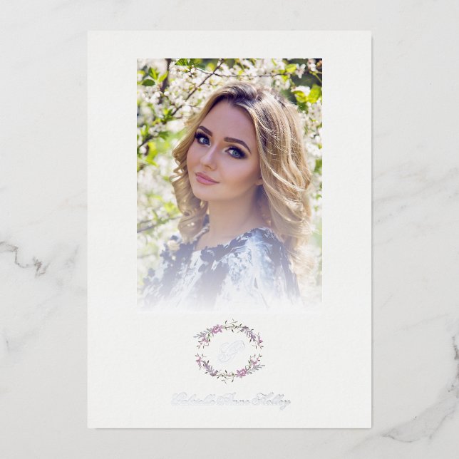 Romantic Chic Floral Wreath Photo Bridal Shower Foil Invitation (Front)