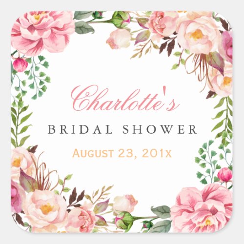 Romantic Chic Floral Wreath Wedding Bridal Shower Square Sticker