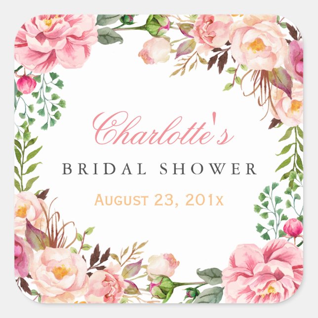Romantic Chic Floral Wreath Wedding Bridal Shower Square Sticker (Front)