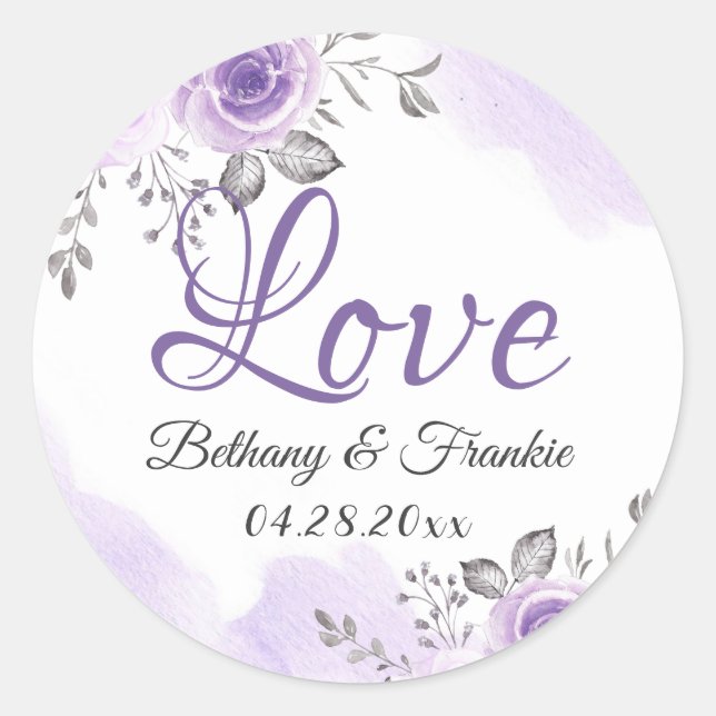 Romantic Chic Pastel Purple Floral Love Script Classic Round Sticker (Front)