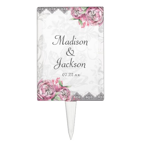 Romantic Chic Peony Floral  Lace Wedding Monogram Cake Topper