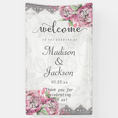 Romantic Chic Peony Floral  Lace Wedding Welcome Banner