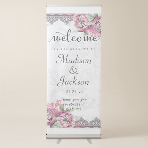 Romantic Chic Peony Floral  Lace Wedding Welcome Retractable Banner