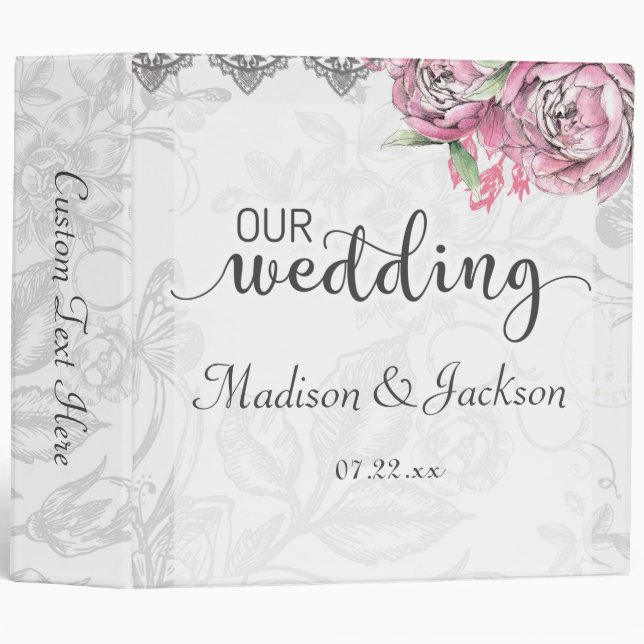 Romantic Chic Peony Floral Wedding Photo Album 3 Ring Binder (Front/Spine)