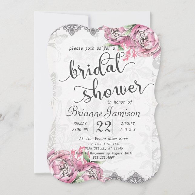Romantic Chic Peony Lace Bridal Shower Invitation (Front)