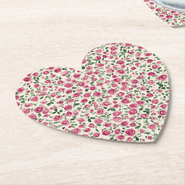 Romantic Chic Pink Roses Floral Bridal Shower Paper Coaster (Angled)