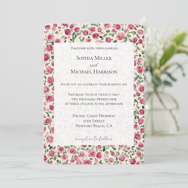 Romantic Chic Pink Roses Floral Wedding Invitation (Standing Front)