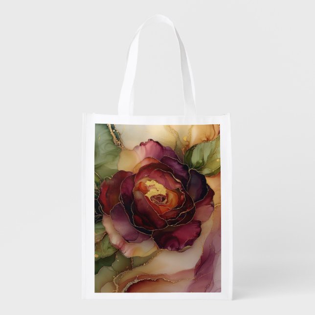 Romantic Chic Rose Red Burgundy Gold Floral  Grocery Bag (Front)