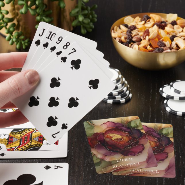 Romantic Chic Rose Red Burgundy Gold Floral  Poker Cards (In Situ)