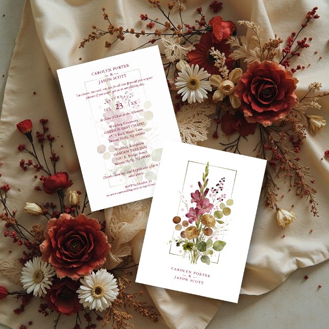 Romantic Chic Rustic Botanical Wildflowers Wedding Invitation (Romantic Rustic Botanical Wildflowers Bunch Wedding Invitation Card Design.)