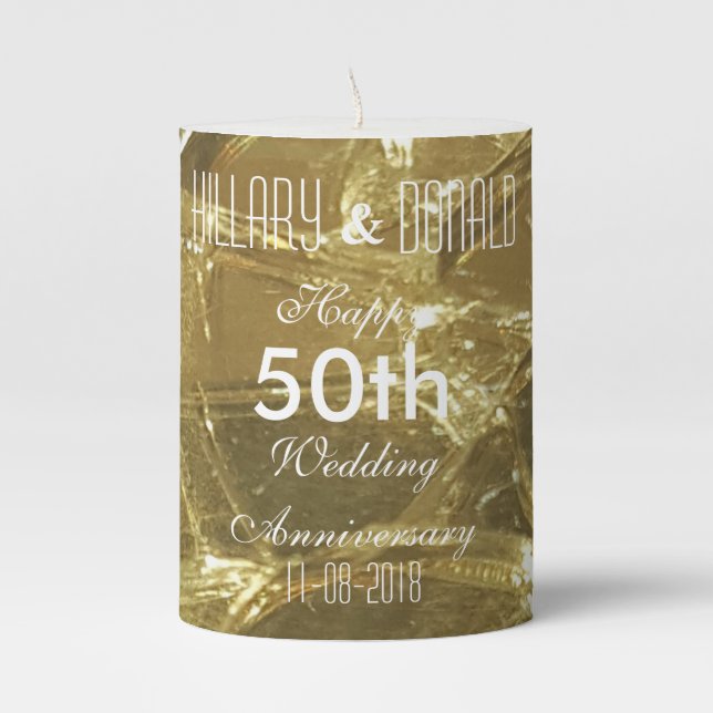 Romantic Chic Shiny Gold 50th Wedding Anniversary Pillar Candle (Front)