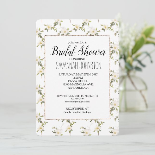 Romantic Chic White Flowers Bridal Shower Invitation (Standing Front)