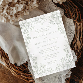 Romantic Chinoiserie Antique Sage Green Wedding Invitation