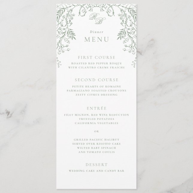 Romantic Chinoiserie Antique Sage Green Wedding Menu (Front)