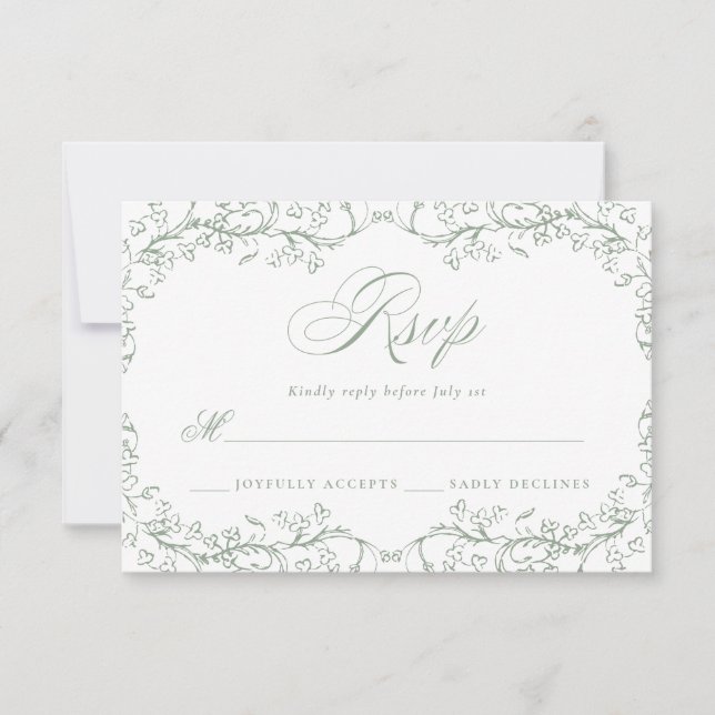 Romantic Chinoiserie Antique Sage Green Wedding RSVP Card (Front)