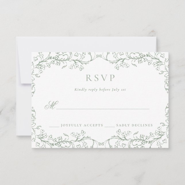 Romantic Chinoiserie Antique Sage Green Wedding RSVP Card (Front)