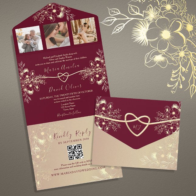 Romantic Chinoiserie Burgundy and Gold Wedding All In One Invitation (Creator Uploaded)