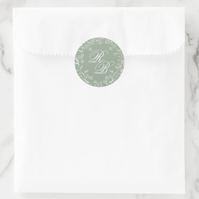 Romantic Chinoiserie Sage Green Initials Wedding Classic Round Sticker (Bag)