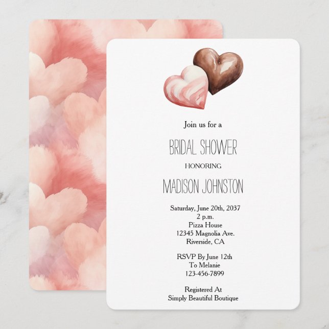 Romantic Chocolate Strawberry Hearts Bridal Shower Invitation (Front/Back)