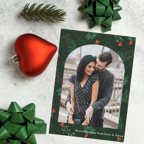 Romantic Christmas Arch Photo Green Mistletoe Holiday Card