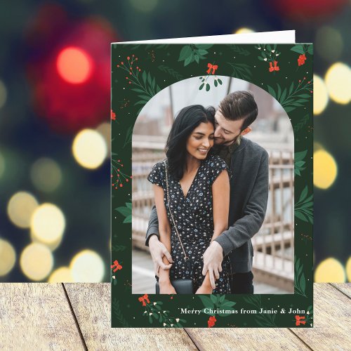 Romantic Christmas Arch Photo Mistletoe Folded Holiday Card