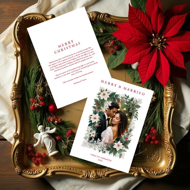 Romantic Christmas Botanical Frame Photo Holiday Card (Romantic Christmas Botanical Frame Holiday Cards with Photo and white Background for First Christmas)