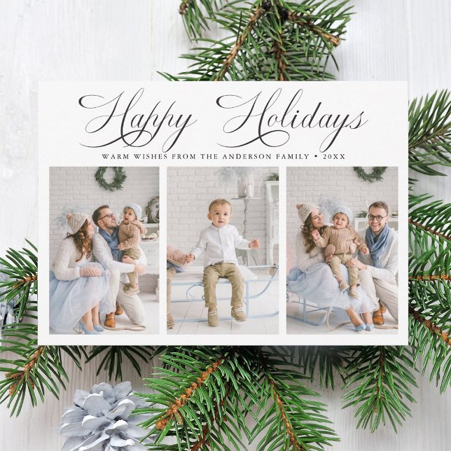 Romantic Christmas Happy Holidays 3 Photo Holiday Card (Creator Uploaded)