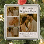 Romantic Christmas Holiday 4 Photo Engagement Metal Ornament<br><div class="desc">Celebrate your love story this holiday season with this romantic four-photo engagement metal ornament. The elegant layout and warm tones beautifully showcase your favorite engagement photos in a timeless collage design. Perfect for displaying on your Christmas tree or gifting to loved ones, this ornament captures the joy and magic of...</div>