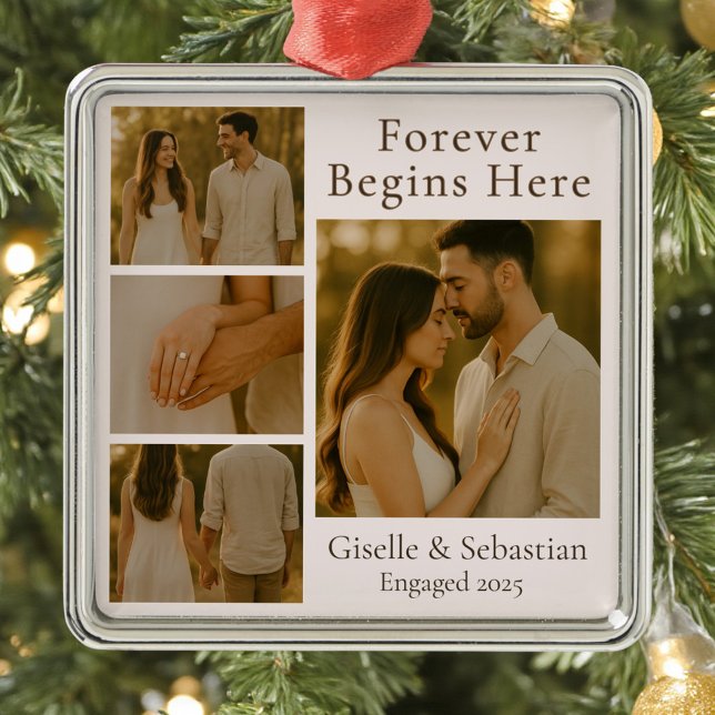 Romantic Christmas Holiday 4 Photo Engagement Metal Ornament (Creator Uploaded)