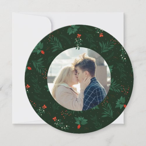 Romantic Christmas Mistletoe Couple Photo Circle Holiday Card