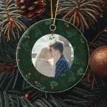 Romantic Christmas Mistletoe Custom Couple Photo Ceramic Ornament<br><div class="desc">This romantic Christmas ornament features your personalized holiday photo with a festive mistletoe and red bow hanging over your custom kissing couple photograph. Add your own newlywed or engagement picture in the center of this beautiful green botanical holiday pattern. Customize this commemorative keepsake on the back in red and green...</div>
