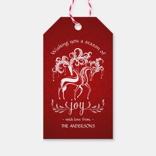 Romantic Christmas Reindeer Joy _ Red White Damask Gift Tags