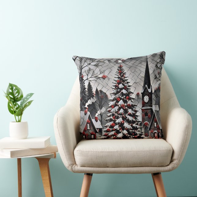 Romantic Christmas Village Holiday Artwork Throw Pillow (Chair)