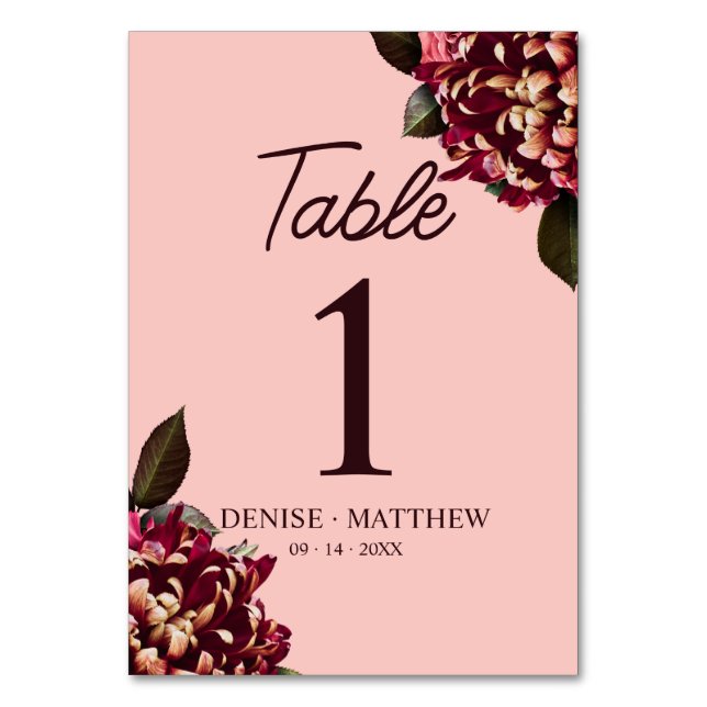 Romantic Chrysanthemum on Gossamer Pink Table Number (Front)
