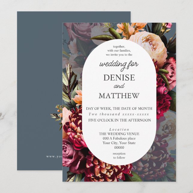 Romantic Chrysanthemum on Midnight Teal Wedding Invitation (Front/Back)