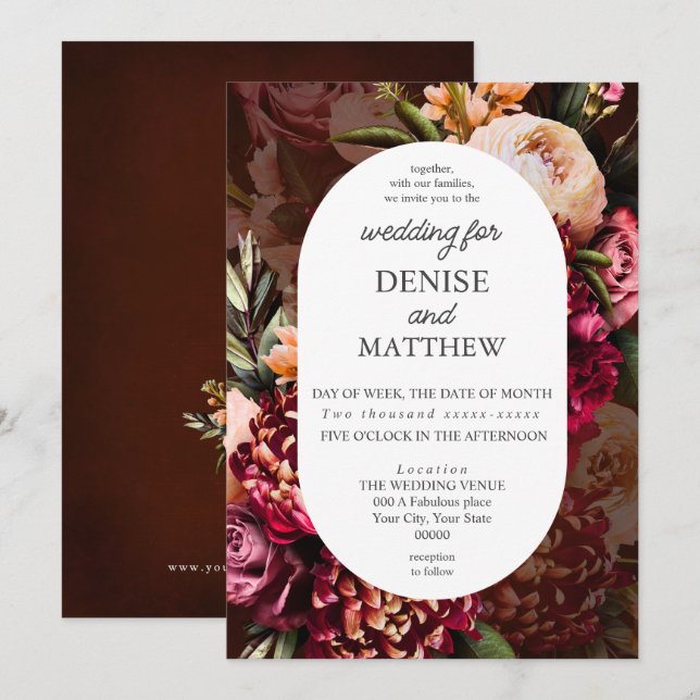 Romantic Chrysanthemum on Wine Wedding Invitation (Front/Back)
