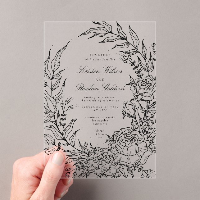 Romantic Classic Black Floral Wreath Wedding Acrylic Invitations (Insitu (Handheld))