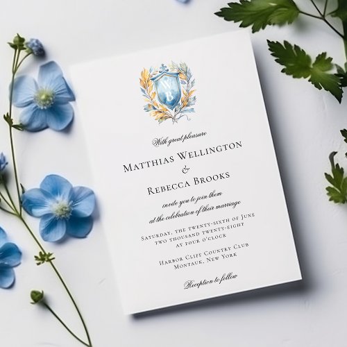 Romantic Classic Blue Crest Monogram Wedding Invitation