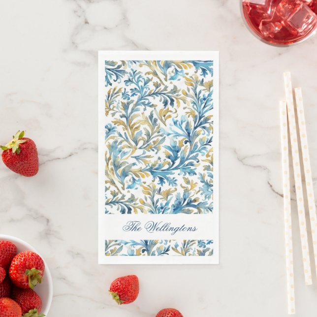 Romantic Classic Blue Golden Scroll Leaves Wedding Paper Guest Towels (Insitu)
