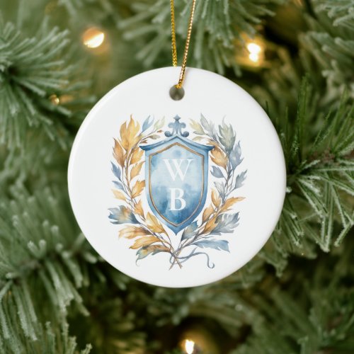 Romantic Classic Blue Monogram Crest Wedding Ceramic Ornament