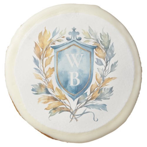 Romantic Classic Blue Monogram Crest Wedding Sugar Cookie