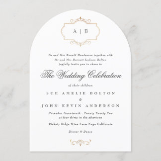 romantic classic gold crest monogram arch wedding invitation