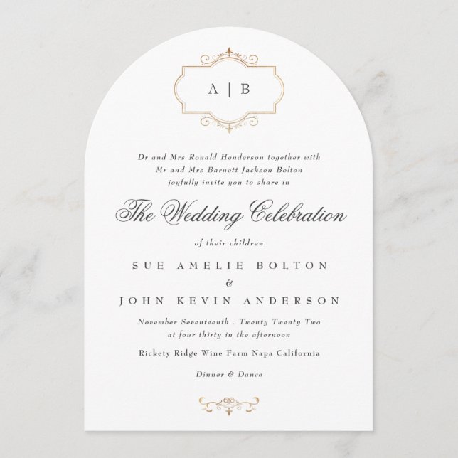 romantic classic gold crest monogram arch wedding invitation (Front)