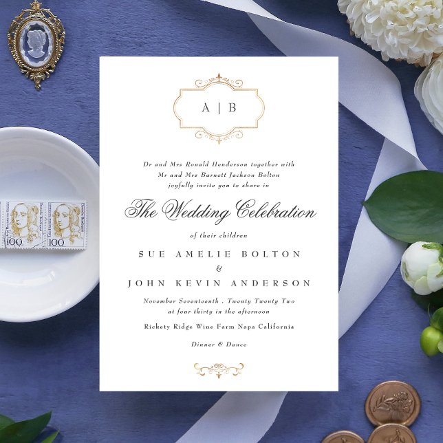 romantic classic gold crest monogram wedding invitation (Creator Uploaded)