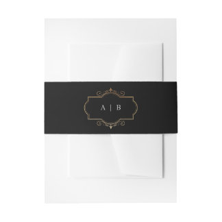 romantic classic gold monogram black white wedding invitation belly band
