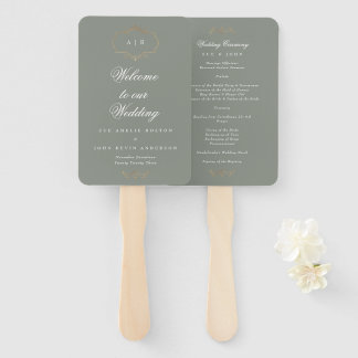 romantic classic gold monogram sage green wedding hand fan