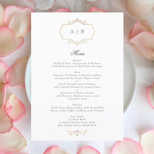 romantic classic gold monogram wedding menu (Creator Uploaded)