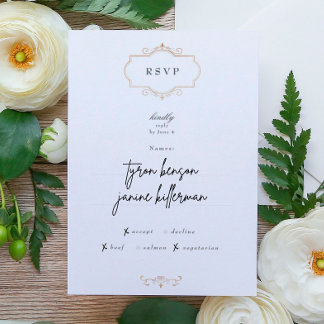romantic classic gold monogram wedding RSVP card