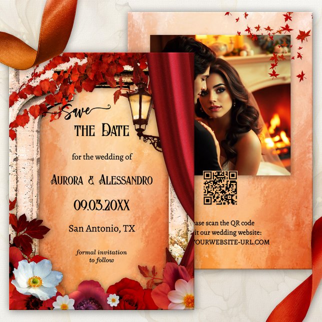 Romantic Classic Italian Fall Photo Save the Date  (Romantic classic Italian wedding Save the Date card showing a Roman arch with a lantern and flowers)